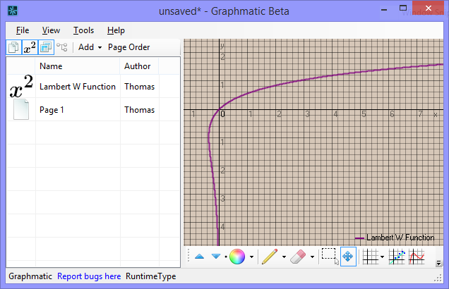 A screenshot of my graphing calculator being used to plot the Lambert W function.