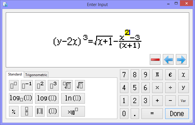 The dialog used in Graphmatic for entering mathematical equations, with a strange equation entered into the dialog..