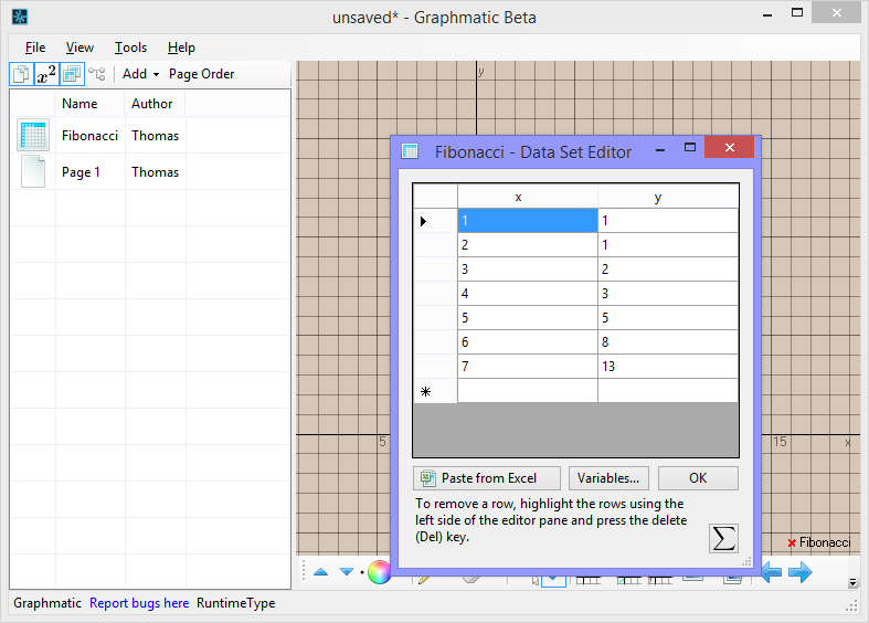 The Fibonacci sequence entered into the data set editor (which resembles a spreadsheet editor.)