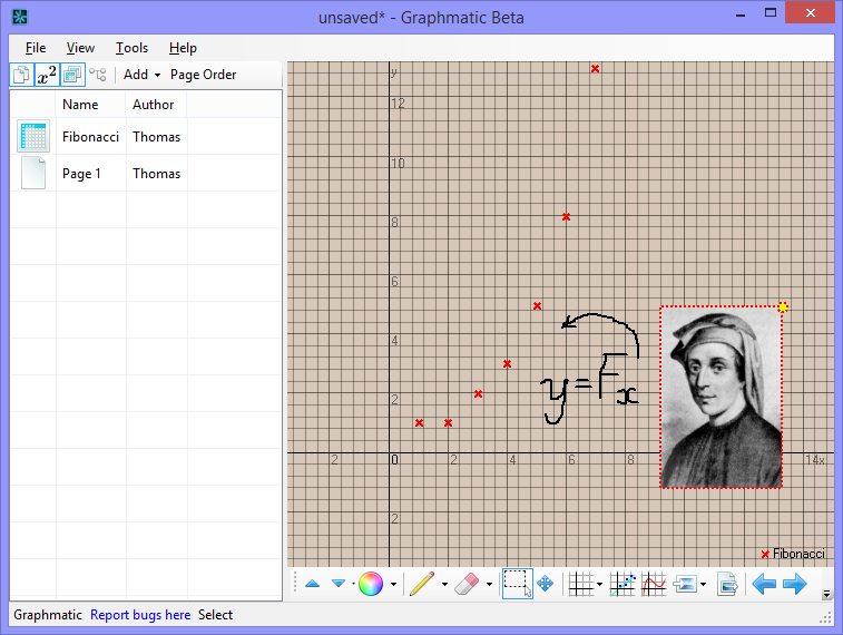 The Fibonacci sequence plotted as shown previously, with some annotations added from within the program itself.