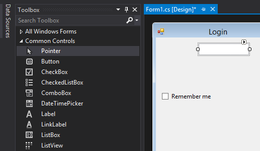 The drag-and-drop interface used to visually edit Windows Forms programs in Microsoft Visual Studio.
