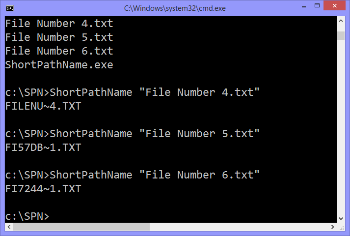 The Windows Command Prompt with an example of some short file names,