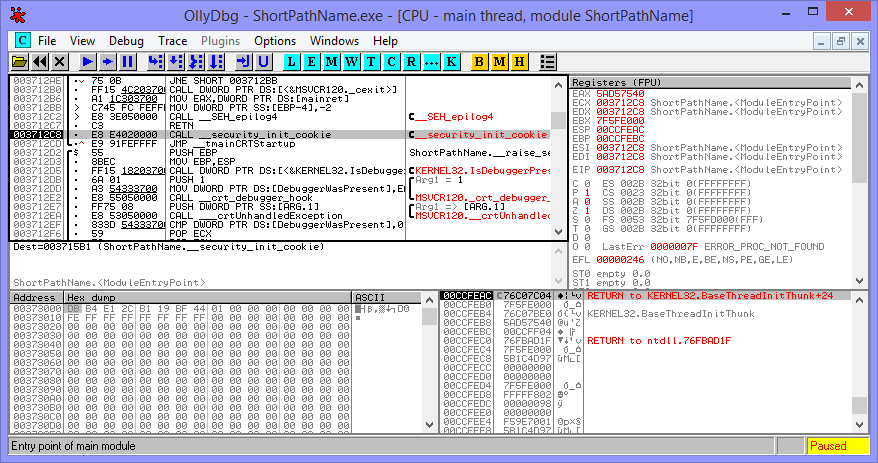 A view of the disassembled executable and processor registers inside OllyDbg.