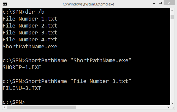 The Windows Command Prompt with an example of using ShortPathName.exe to get the short path name of a file,