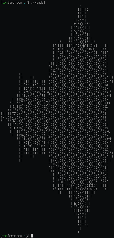 The Mandelbrot set rendered as ASCII art in a terminal emulator.