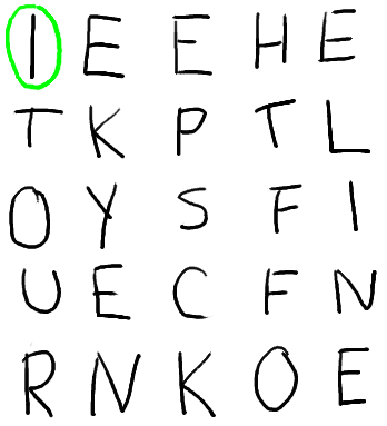 There's a green circle around the top-left letter, indicating the starting position.